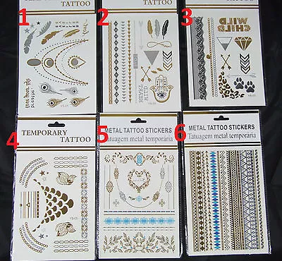 Sheet Temporary Metallic Tattoo Silver Gold Black Flash Inspired Body Art A# • £3.33