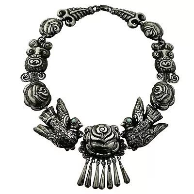 Monumental Matl Salas Rosas Y Palomas Mexican Repoussé Sterling Silver Necklace • $2950