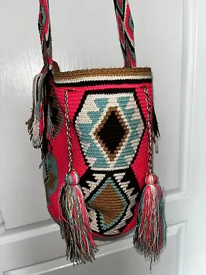 MOCHILA WAYUU Authentic Made In COLOMBIA Hot Pink Neon Crossbody Tassels • $22