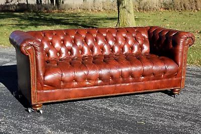 Vintage Leather Chesterfield Sofa Tufted Seat Brown Nailhead Trim Cigar Lounge • $3250