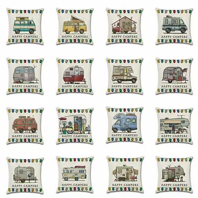 Cotton Linen Happy Campers Pillow Case Cushion Cover Car Home Sofa Decor 45CM • $5.91