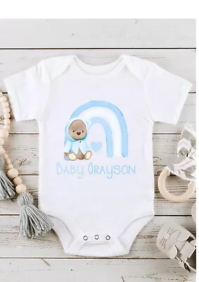 Blue Rainbow Teddy Bear Personalised Printed Baby Boys Clothing | Rainbow Baby • £6.99