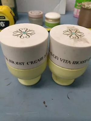 Two Vintage Avon Vita Moist Cream Milk Glass Jars 1960's Yellow Pedestal. AD • $28.95