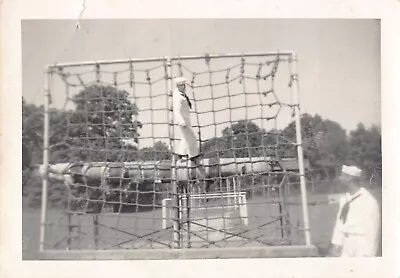 Old Photo Snapshot Sailor Men Man Rope Climbing Military Camp #13 Z30 • $9