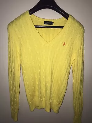 Ladies Ralph Lauren Yellow Cable Knit V Neck Jumper Womens Size Medium • £34.99