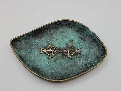 Vintage Brass And Teal Trinket Keys Tray Fish Fishing Made In Israel • $14