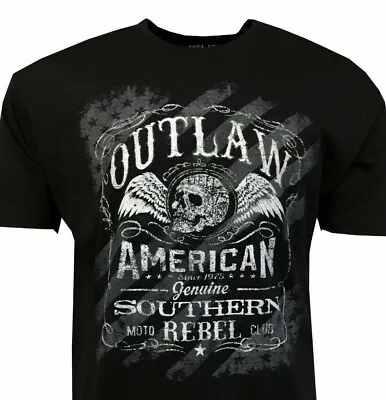 Outlaw Southern Rebel Men's T-shirt- American Moto Club - Skull-Wings Black • $16.99