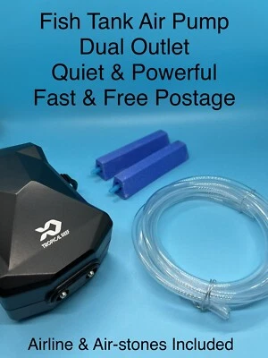 £14.45 • Buy Aquarium Fish Tank Oxygen Air Pump - TWIN OUTLET - Quiet - AIR LINE & STONE KIT
