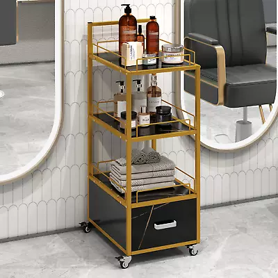 Beauty Salon Storage Trolley Cart Lockable Wheels Metal Frame Marbled Board • $93.72