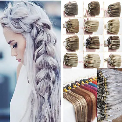 16-26Inch Remy Loop Micro Ring Human Hair Extensions Grey Ombre 100s/200s Full • $11.42