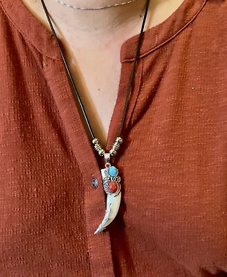 Wolf Tooth Pendant~Turquoise~Leather Rope~Coral~Necklace~Beaded~Mens~Womens~Punk • $40