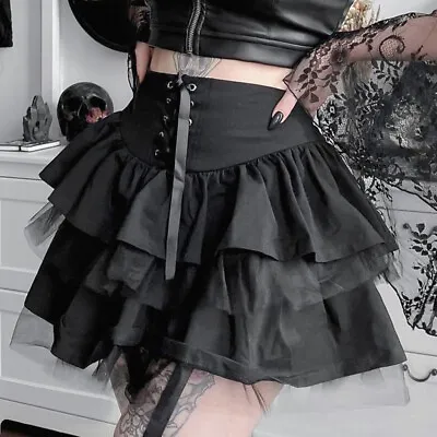 $29.69 • Buy Goth Lace-up High Waist Ruffles Skirt Punk Bandage A-line Lace Trim Black Skirt