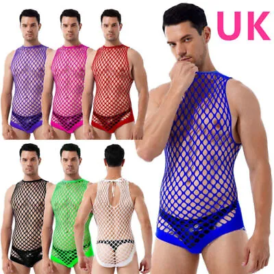 UK Men's Bodysuits Hollow Out Netted Bodystockings Halter Neck Lace-up Leotard • £3.69