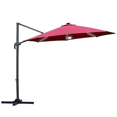 Outsunny 3(m) LED Cantilever Parasol Outdoor With Base Solar Lights Red • £129.99