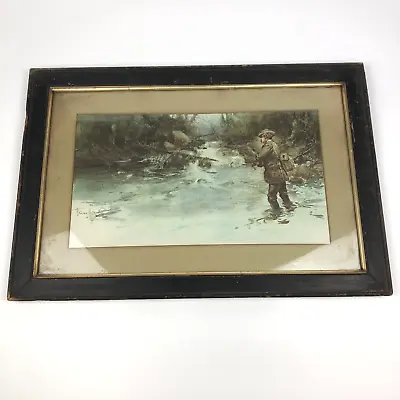 VTG 1950s UNCONQUERED Fishing Artist Signed Print After 1897 Painting Wood Frame • $86.97