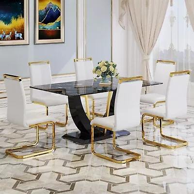 Modern Dining Room Table White Set For 6 Black Marble  Table Set With U-Shaped  • $9889