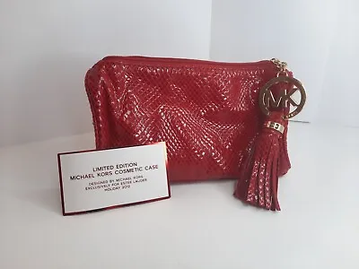 Michael Kors Red Snakeskin Style Makeup Bag Cosmetic MK Gold Tone Logo Tassel • $28