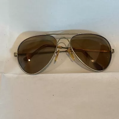 Vintage MERIT Aviator Sunglasses Golden Metal Frame W Brown Glass Lenses Used • $13