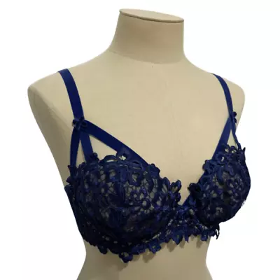 Dita Von Teese Cage Bra 10D Blue Lace Velvet Strapping Balconette Burlesque • $35