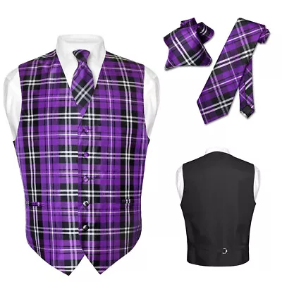 Men's Plaid Design Dress Vest NeckTie PURPLE Black White Neck Tie Hanky Set • $24.95