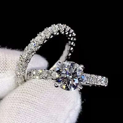 2.50 CTW Round Cut VVS1 Moissanite Bridal Set Wedding Ring 14K White Gold Plated • $165.74