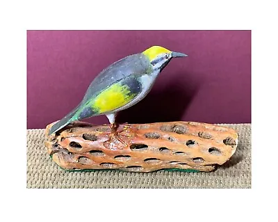 1987 Vintage Hand Carved Wooden Yellow Winged Bird On Driftwood Signed On Bottom • $18.99