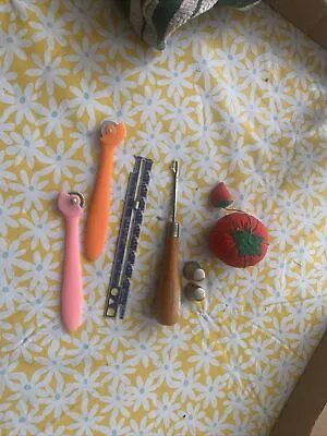 Vintage Sewing  Items Seam Ripper Pattern Wheel? Thimbles Measure Pin Cushion • $8