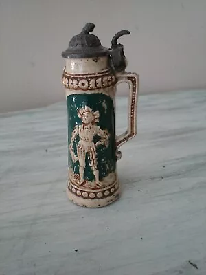 Mini St Schutz Germany 3  Stoneware Beer Stein W/ Attached Pewter Lid Very Good • $29.95