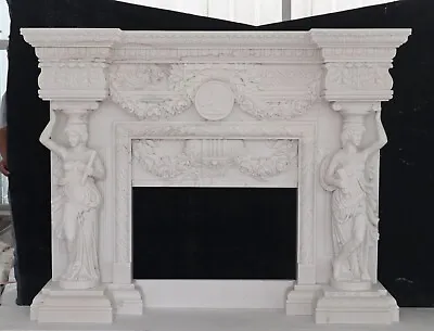 Hand Carved Luxury Style White Marble Fireplace Mantelmarble Mantle With Statue • $4749.05