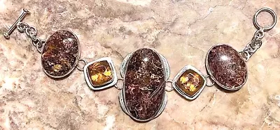 Vintage Citrine & Pietersite Sterling Silver Toggle Bracelet • $175