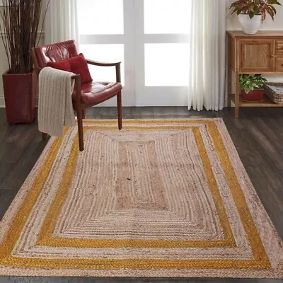 Jute Natural With Yellow Line 100%Handmade Natural Jute Rectangle Reversible Rug • $228.95