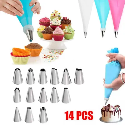 CAKE PIPING ICING CUPCAKE DECORATING COTTON BAG NOZZLE SET SUGARCRAFT CUP 14Pcs • £3.37