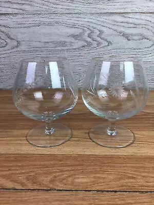 Pair Of Crystal Cut Brandy Snifter Balloon Glasses Leaf Cut  • $58.07