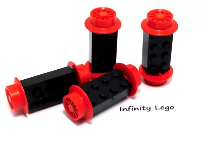 4 LEGO Vintage Black Brick 2 X 4 With Spoked Red Train Wheels (4180) - 4 Pieces • $16.50