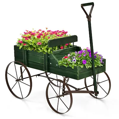 Patiojoy Wooden Garden Flower Planter Wagon Plant Bed W/ Wheel Garden Yard Green • $39.99