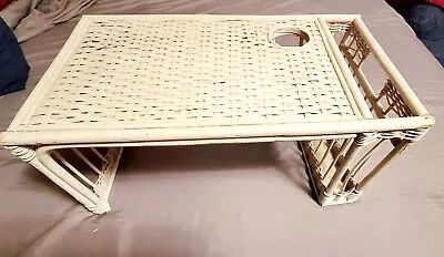 Vintage Bamboo Wicker Bed Tray With Woven Cup Holder And Magazine/ Paper Holder. • $75