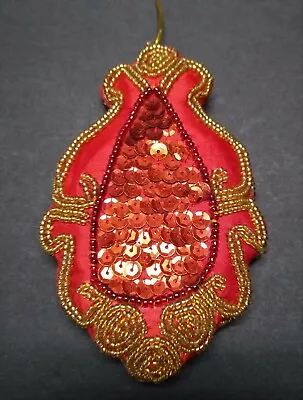 Vintage Beaded Sequined Christmas Ornament Red Satin Holiday 4  Pillow Gold-tone • $3.95