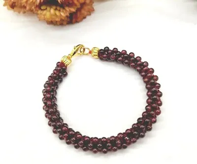 Vintage Polished Round Red Garnet Bead Bracelet Gold Tone Multi Layer Torsade • $25