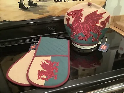 Stunning Welsh Flag / Red Dragon Passant Tea Pot Cosy& Oven Glove Set Saving £££ • £44.95