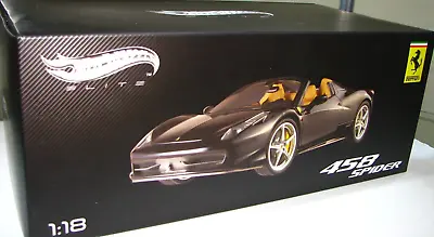 1/18 SCALE Hot Wheels ELITE FERRARI 458 SPIDER BLACK W/TAN INTERIOR • $139.95