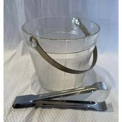 Vintage 1950s Anchor Hocking Clear Glass Ice Bucket Wood Farm Pail Style W/Tongs • $24