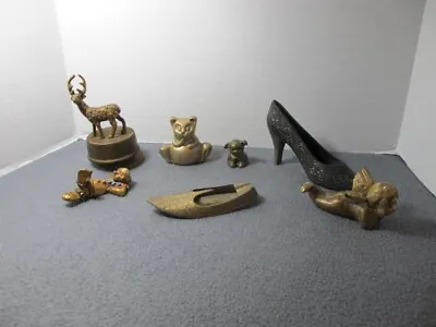 7pc Mixed Brass Lot Figurines Shoe Angel Ashtray Puppy Cat Clown Music Box • $49.99