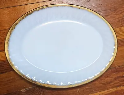 Vintage Fire King White Milk Glass Swirl Oval Serving Platter Gold Rim Ovenware • $9.95