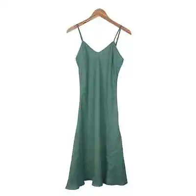 Miguelina Linen Midi Slip Dress Size XS Bias Cut Spaghetti Strap Green • $84.95