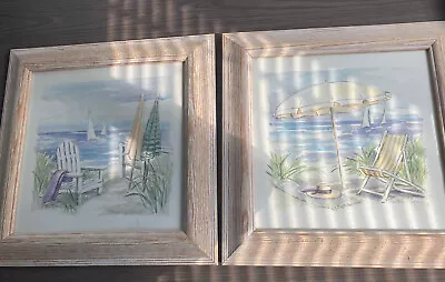 C Winterle Olson Lot Of 2 Signed Beach Coastal White Washed Wood Framed Prints • $36.99