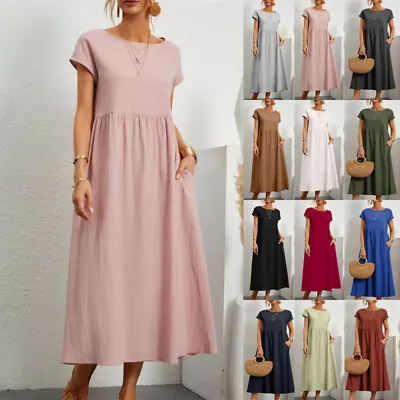 £10.19 • Buy Ladies Summer Casual Pullover Midi Dress Women Holiday Plain Pleated Swing Dress