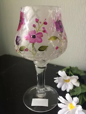 Cracked Mosaic Tealight White Glass Pink Floral Deco Goblet Votive Candle Holder • £10