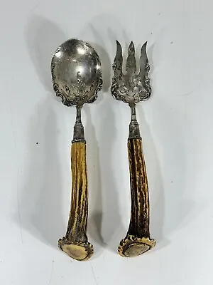 Vintage Meriden Britannia M.B. Co. Silverplated Antler Handle Salad Serving Set • $231.38