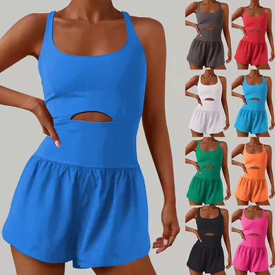 Women Yoga Jumpsuit Shorts Tank One Piece Athletic Tennis Running Romper Outfit • £3.89