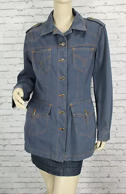 Moschino Jeans Womens Blue Cotton Jacket Size 44 10 Silver Metal Peace Sign • $59.99